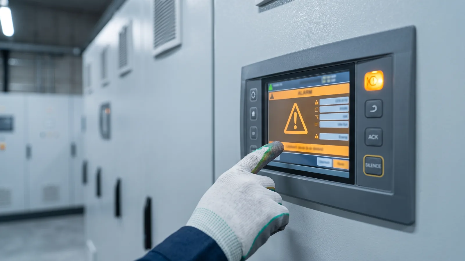 Técnico revisando el panel de alarmas de una UPS industrial