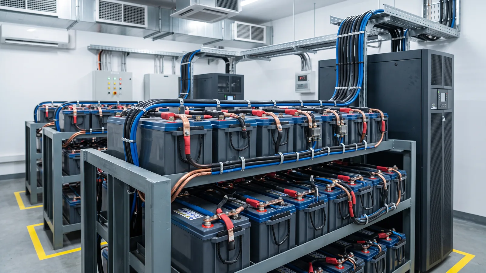 Banco de baterías que define la autonomía de un UPS industrial