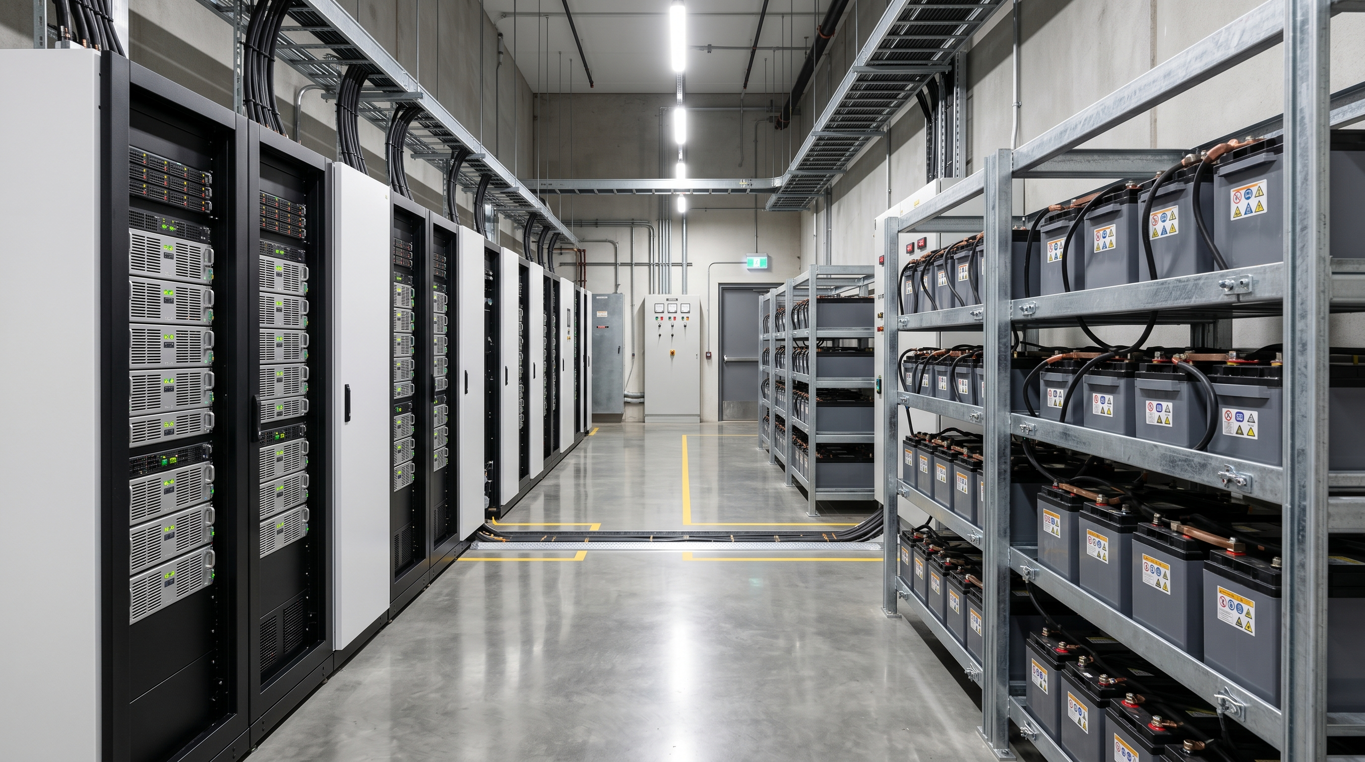 Banco de baterías industriales de litio y plomo-ácido en sala eléctrica