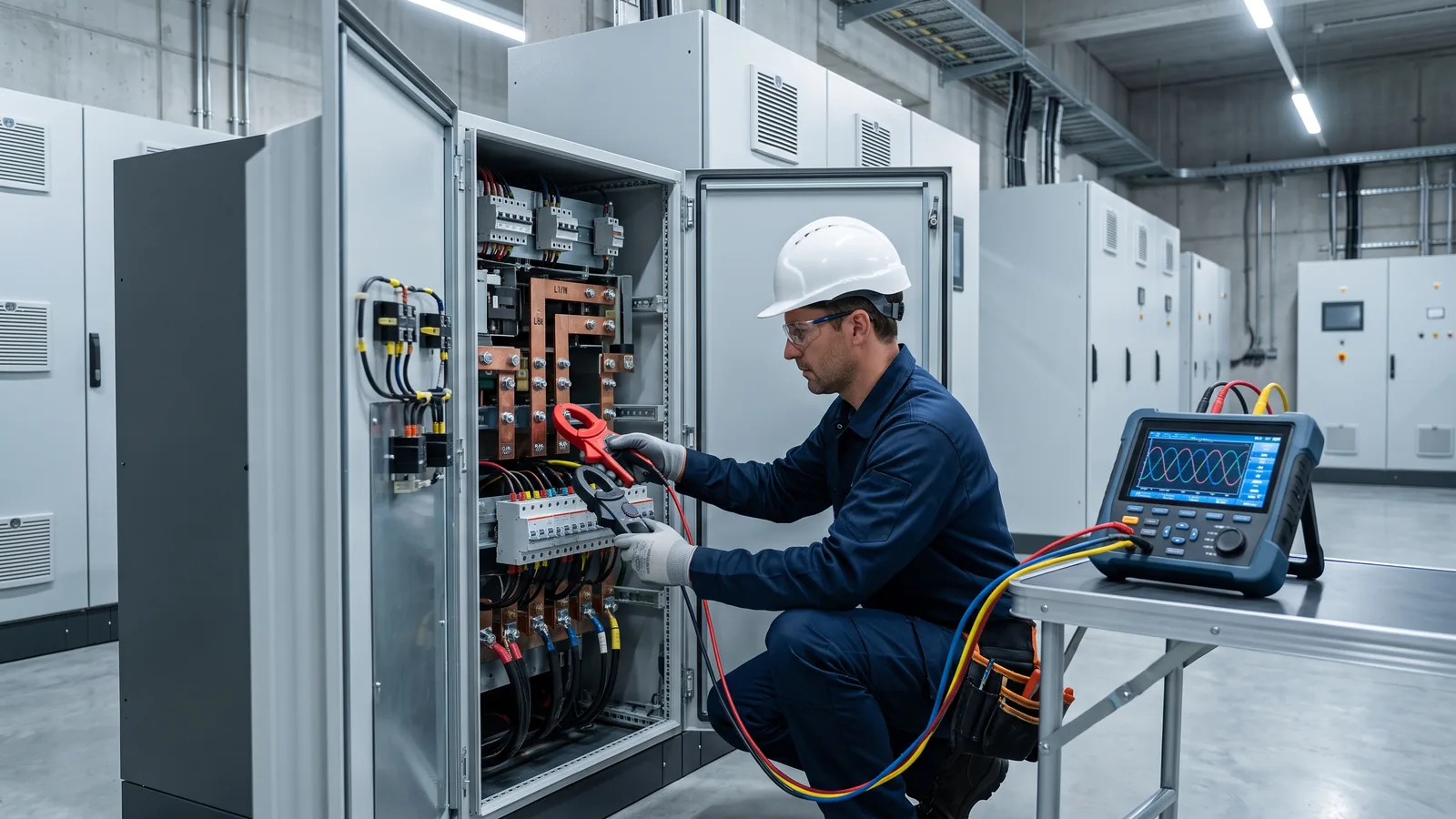 Ingeniero midiendo la carga de una UPS industrial trifásica con un analizador de redes