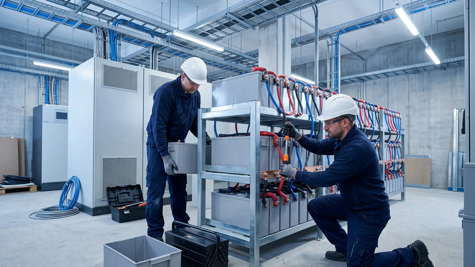 Técnicos instalando una UPS industrial y su banco de baterías en una sala eléctrica