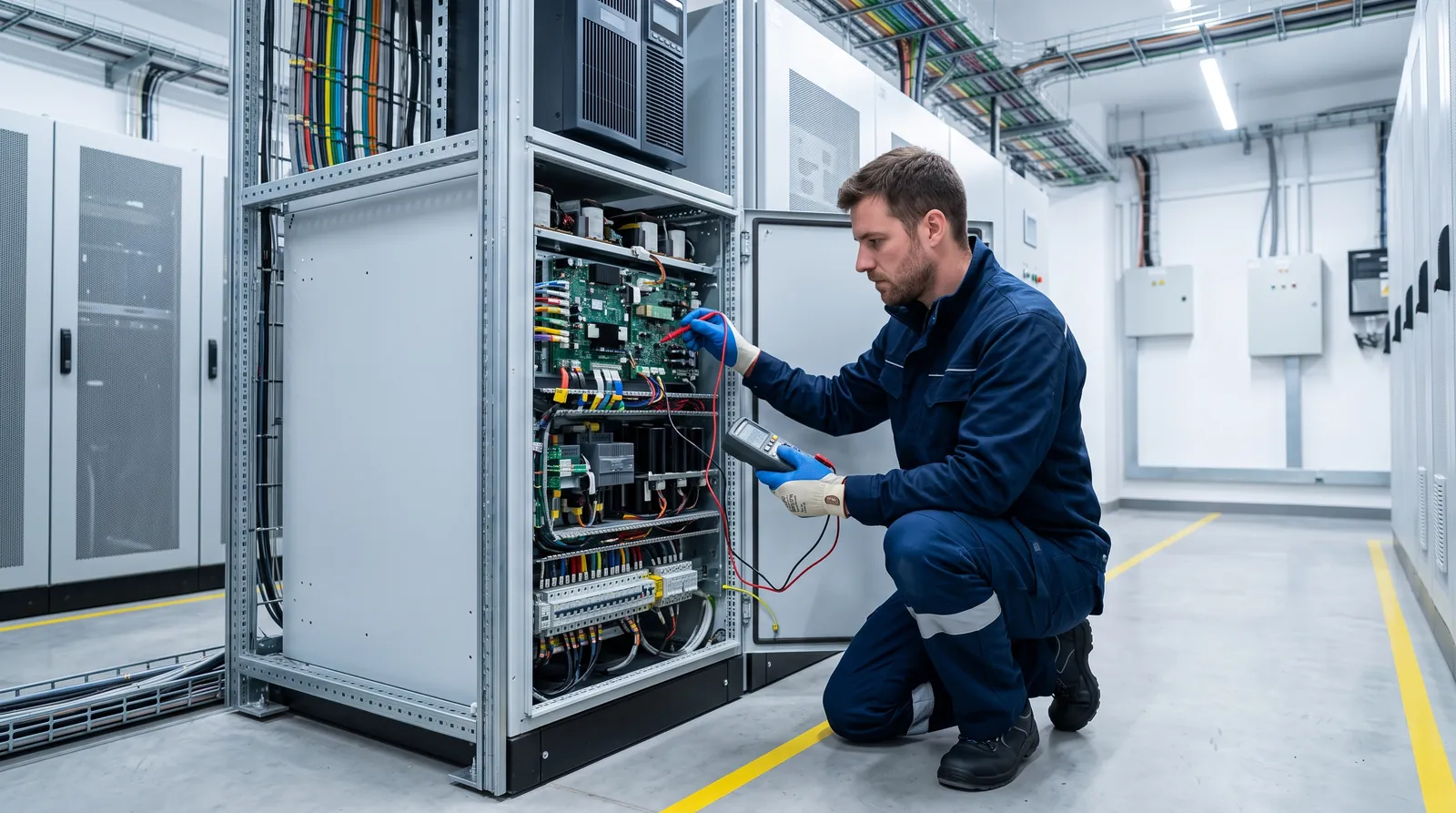 Técnico realizando el mantenimiento preventivo de un UPS industrial
