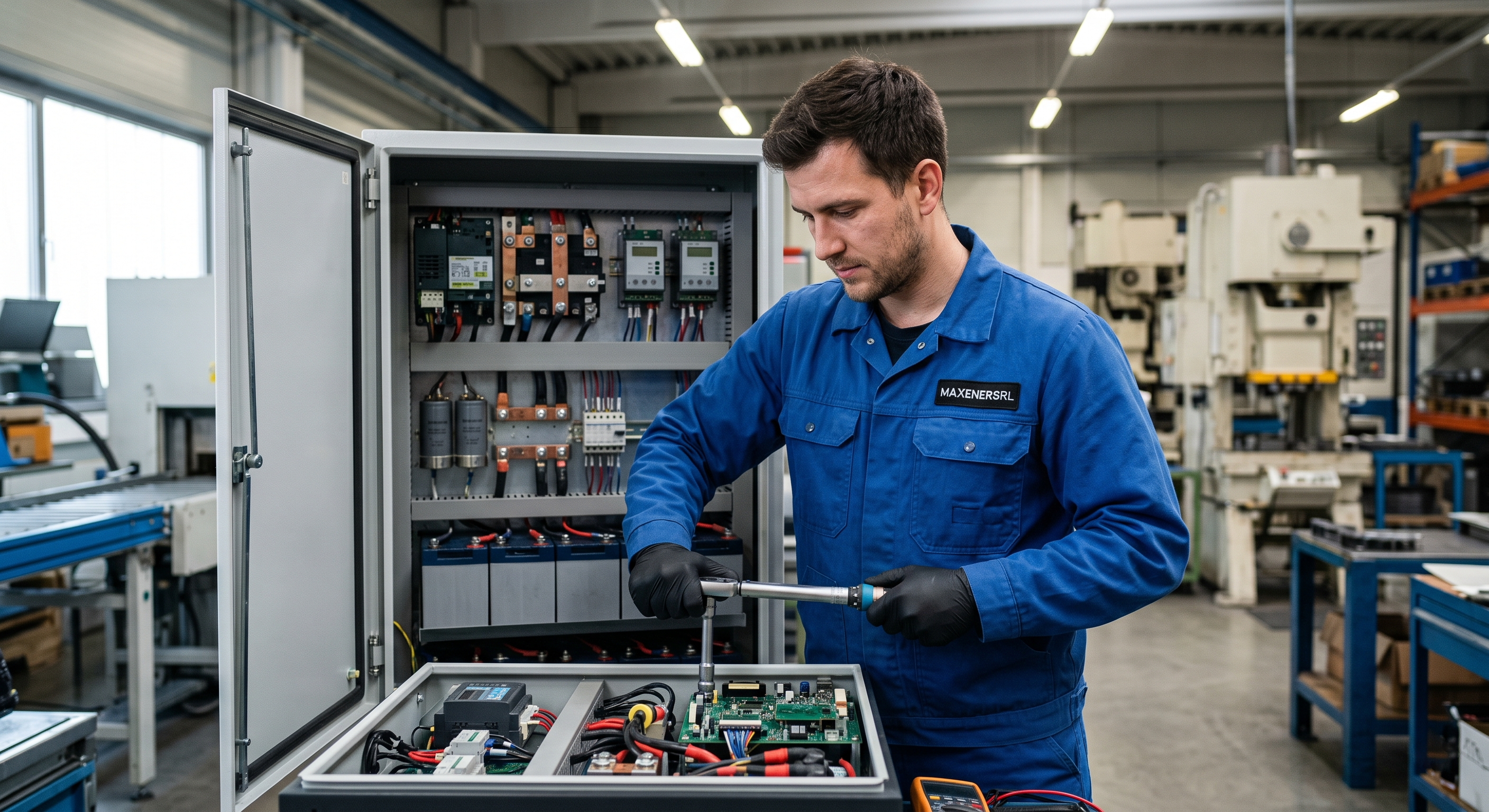 Ingeniero realizando mantenimiento preventivo a un UPS industrial ABB