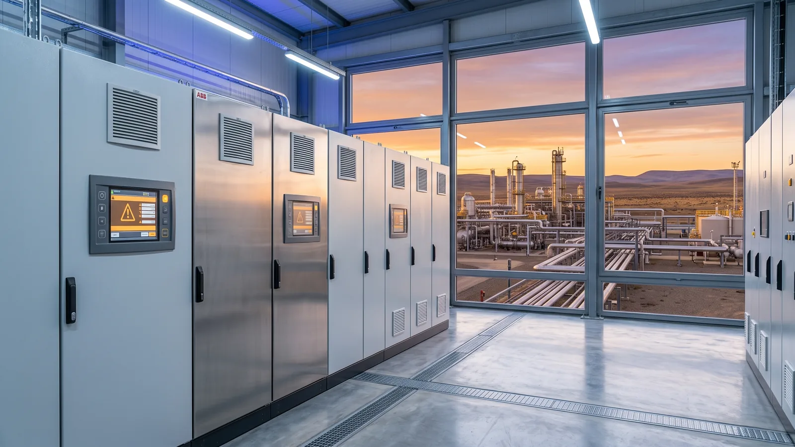 Sala eléctrica con UPS industrial en una planta de procesamiento de gas