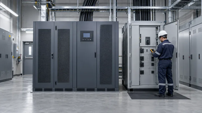 Técnico inspeccionando el bypass de mantenimiento de una UPS industrial