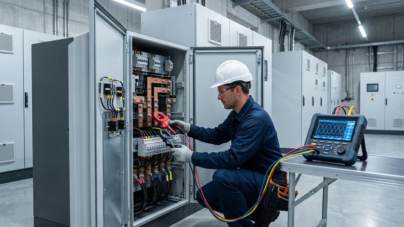 Ingeniero midiendo la carga de una UPS industrial trifásica con un analizador de redes