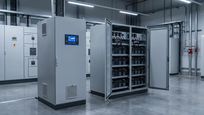 UPS industrial y banco de baterías en una sala eléctrica