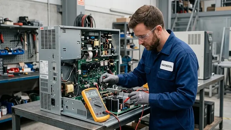 Técnico reparando una UPS industrial